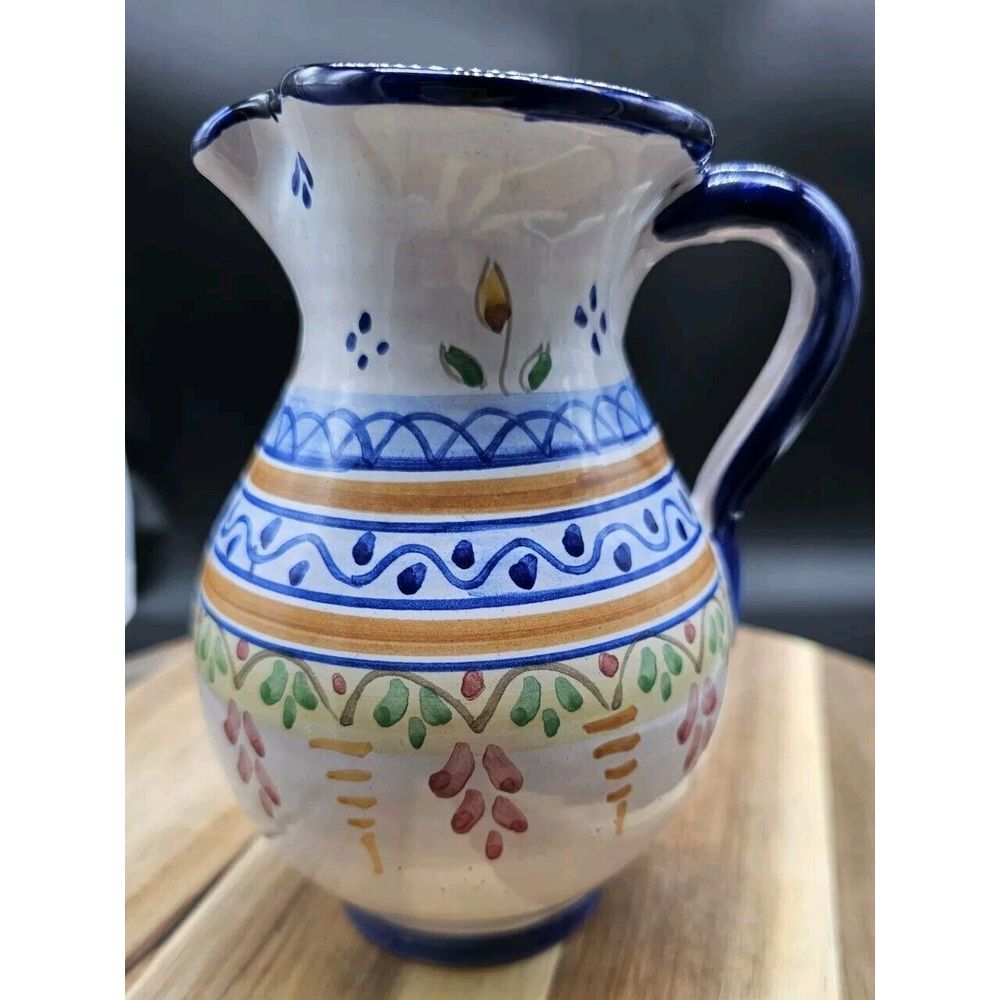 Talevara Hand Painted Pottery Pitcher Signed